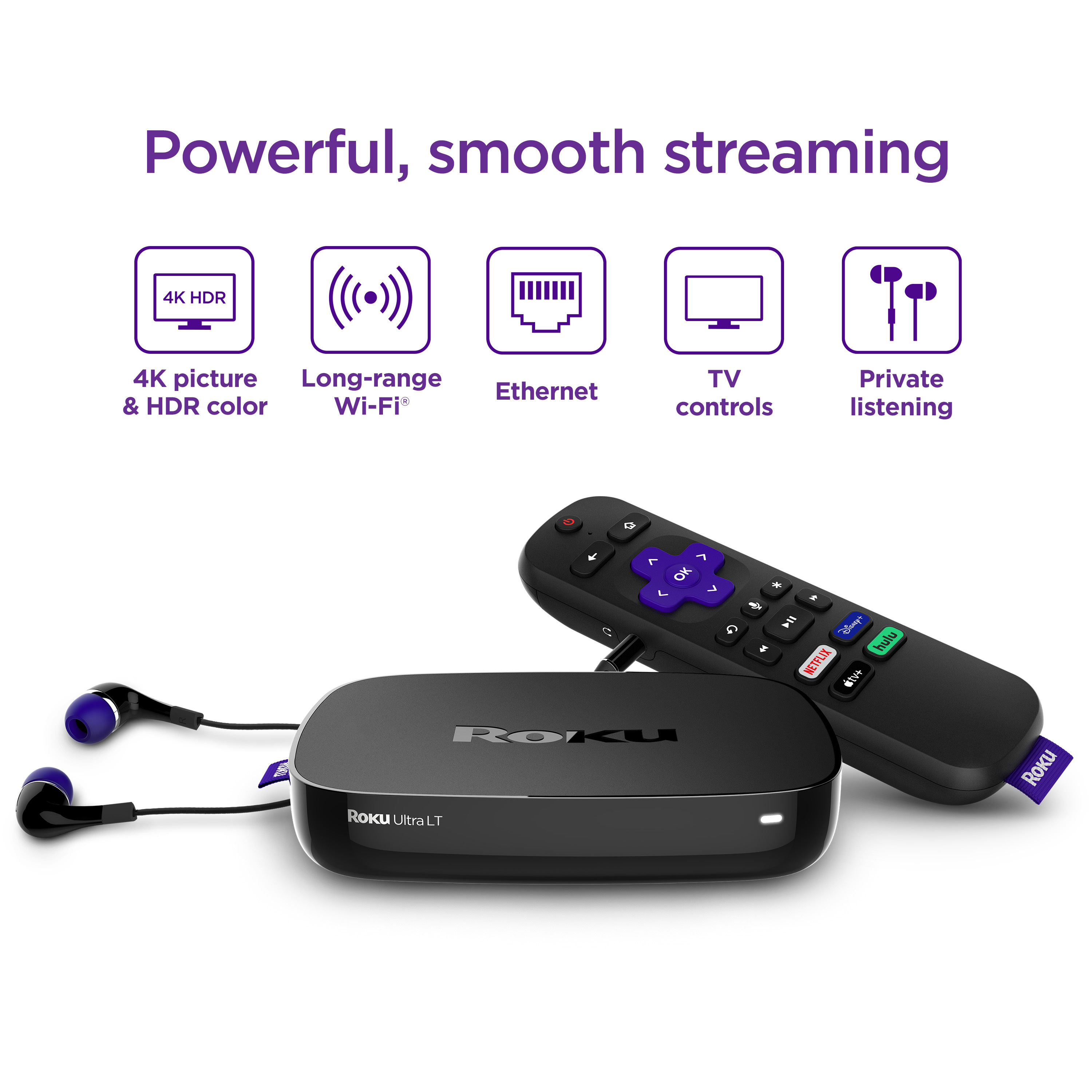 Roku Ultra LT 2019 HD/4K/HDR Streaming Device with Ethernet Port and Roku Voice Remote with Headphone Jack, includes Headphones - image 3 of 12