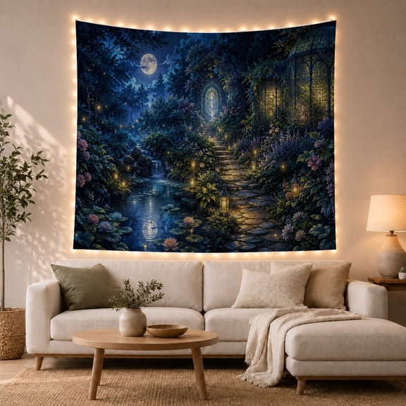 Moonlit Forest Path Beneath a Full Moon, Mystical Fantasy for Nature Lovers, Enchanted Forest Decor, Housewarming Gift, Tapestry Wall Hanging for Bedroom and Living Room
