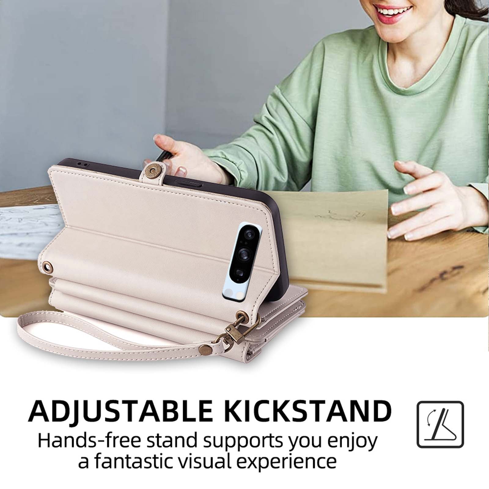 Compatible with Google Pixel 9 / 9 Pro Crossbody Wallet Case,Flip Folding Kickstand,With Card Slots,Long Strap&Short Strap,Zipper Pocket,Shockproof Heavy Duty PU Leather Phone Case,White