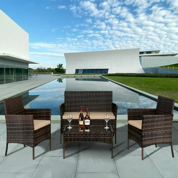 UHOMEPRO 4-Piece Patio Furniture Sets in Patio & Garden, Outdoor Rattan Sofa PE Rattan Chair Garden Conversation for Backyard with 2 Arm Chairs and 1 Love Seat & Tempered Glass Coffee Table