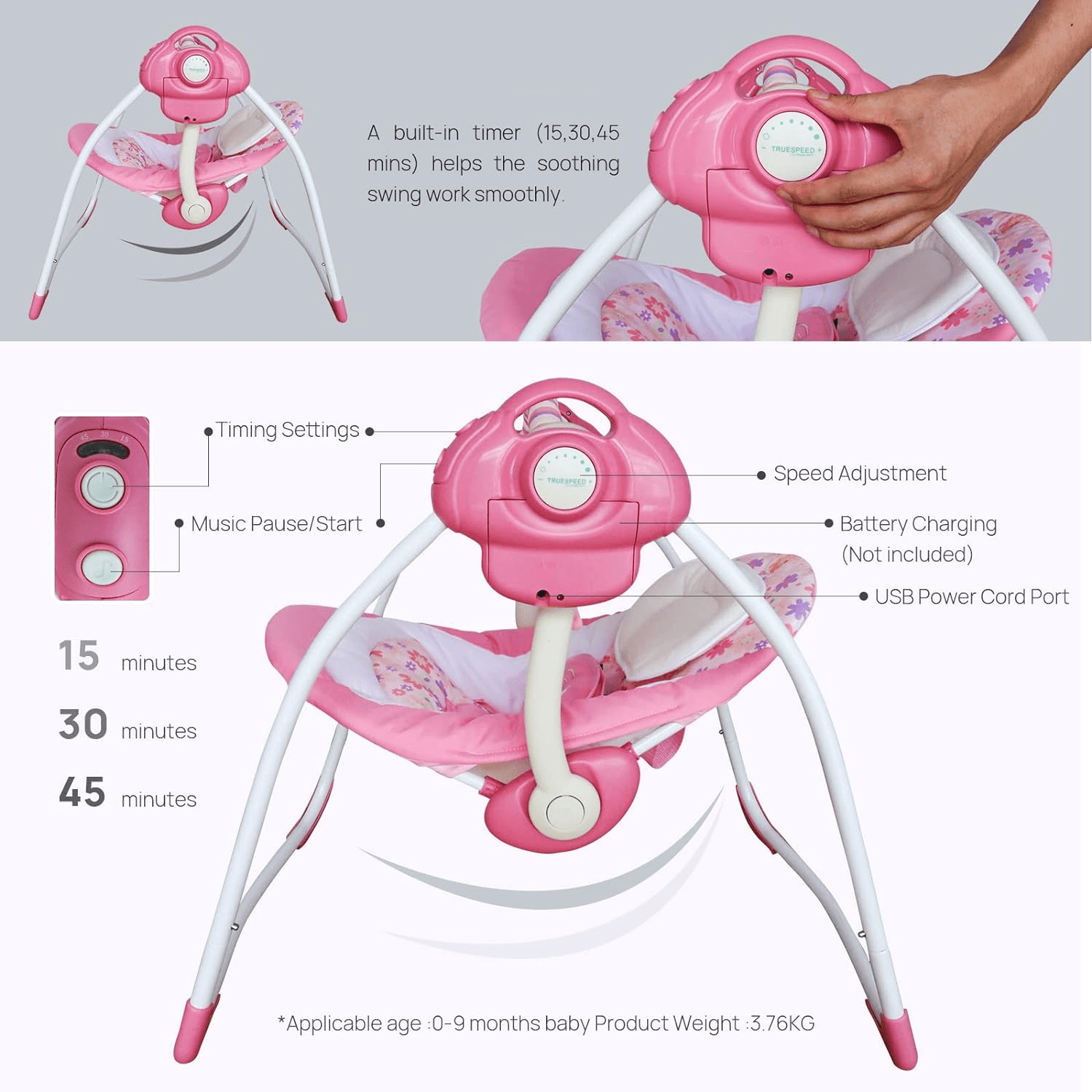 OEIKPFN Foldable Baby Swing for Infants with 6 Speeds & Soothing Music, 0-9 Months, Pink