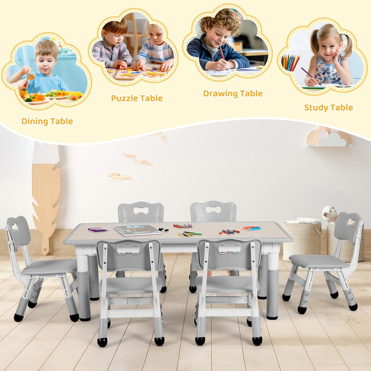 Pirecart Kids Table and 6 Chairs Set Height Adjustable Kids Craft and Play Table for Ages 2-10, Gray