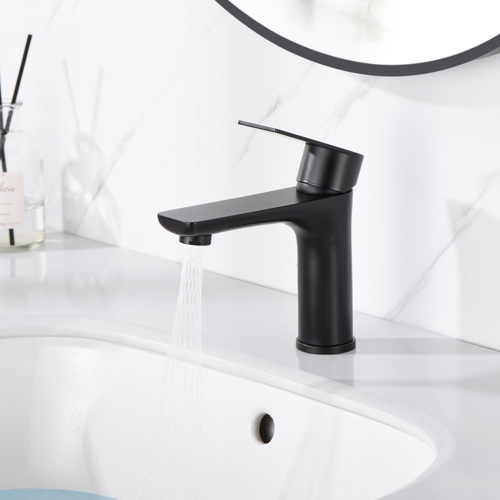 sumerain Bathroom Faucet Single Handle Bathroom Sink Faucet Single Hole Matte Black Lavatory Vanity Faucet with Water Supply Lines