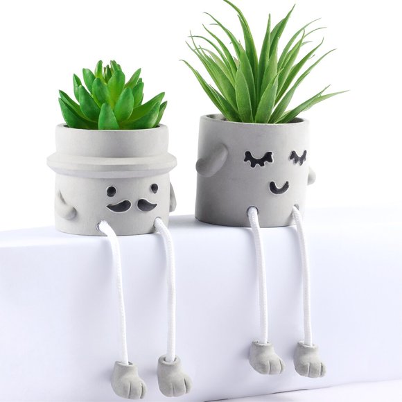 Artificial Succulents, Set of 2 Lifelike Faux Potted Succulent Plants, Adorable Hanging Leg Cement Potted Succulents, Realistic Potted Succulents for Desk Bedroom Living Room Bathroom Office Decor