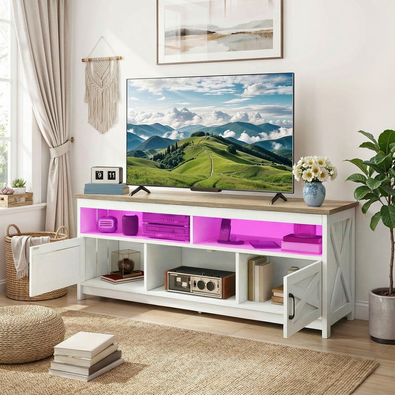 Uforic Farmhouse TV Stand up to 75 inch with Power Outlet & LED Light, Entertainment Center Media Console with Storage Shelves, Grey White