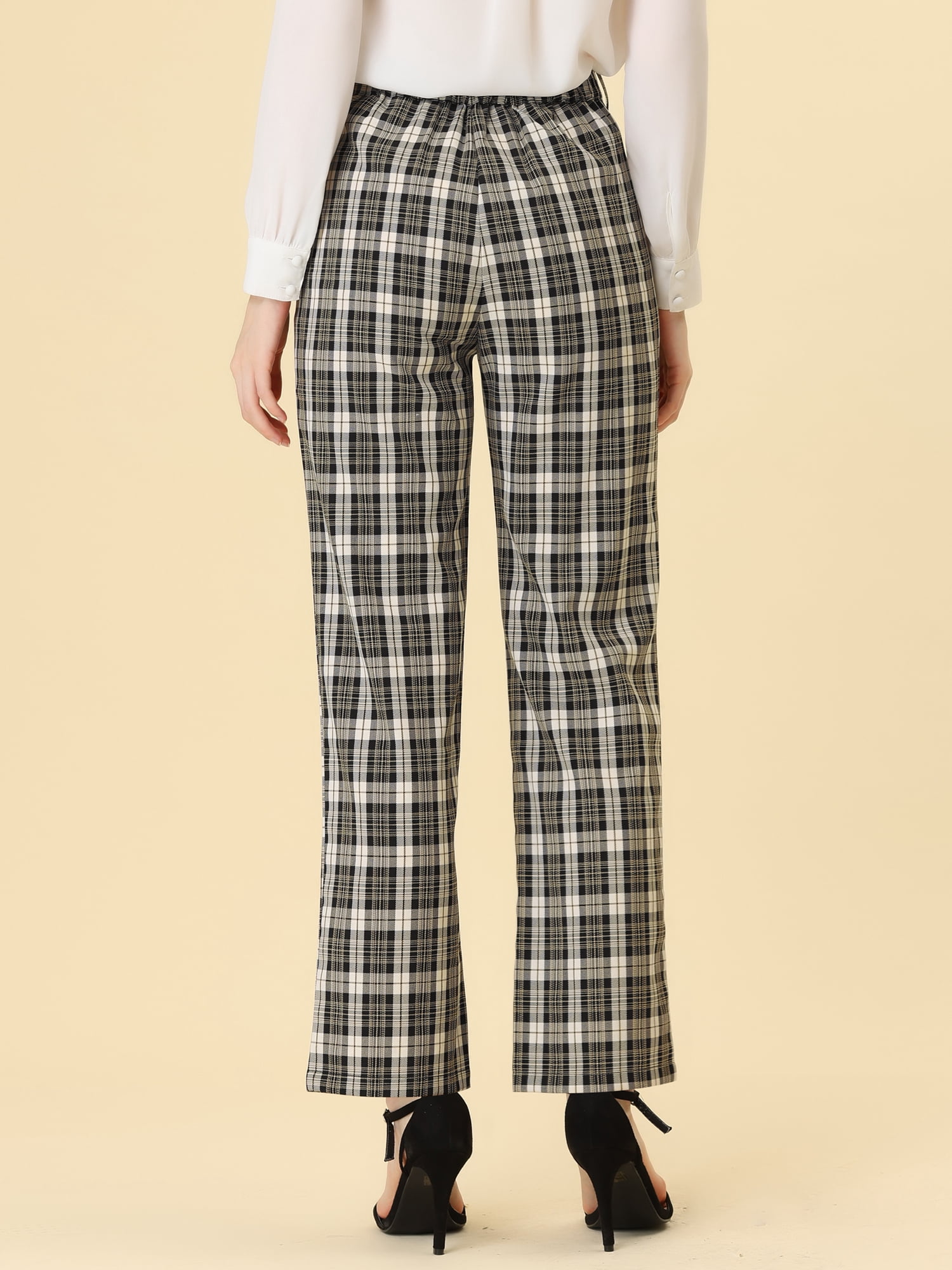 DARING DIVA Women's Plaid Trousers Pockets Straight Leg Casual Pant L Black Beige