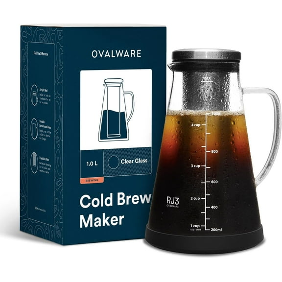 Ovalware Cold Brew Coffee/Tea Maker 1.0L RJ3 Borosilicate Glass Carafe Stainless-Steel Filter