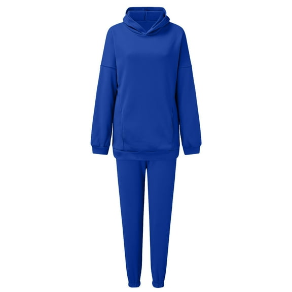 SELONE Womens Sweat Suit Sets 2 Piece Long Sleeve Hoodies Long Sweatpants Tunic Hooded Neck Gym Loose Fit Taper Leg Workout Outfits Solid Jogger Lounge Sets Streetwear Fall Wintern Clothes Blue