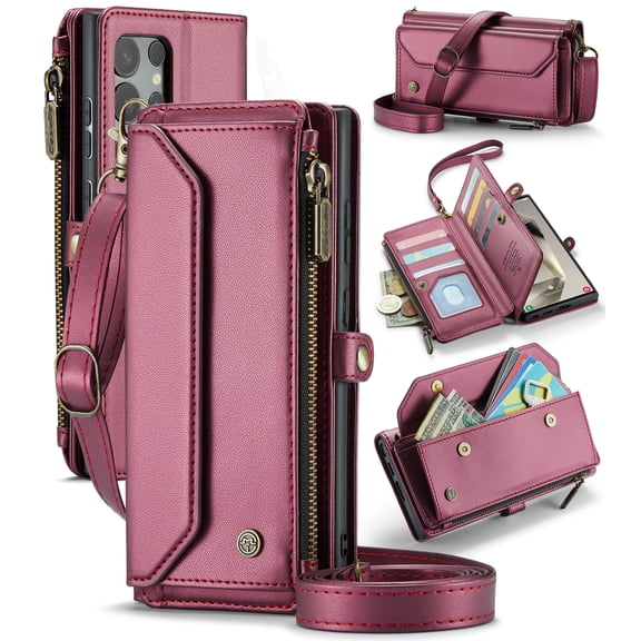 For Samsung Galaxy S24 Ultra Case Crossbody Wallet with Card Slots Zipper Pocket,PU Leather Magnetic Flip Folio Wristlet Shoulder Strap 3-in-1 Crossbody Phone Case for Women Men,Hotpink