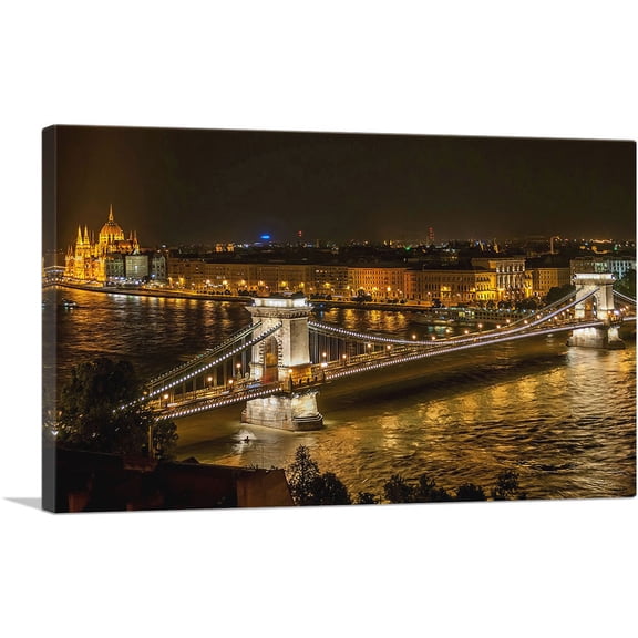 ARTCANVAS Budapest Capital of Hungary Chain Bridge and Parliament Night View Canvas Art Print - Size: 26" x 18" (0.75" Deep)