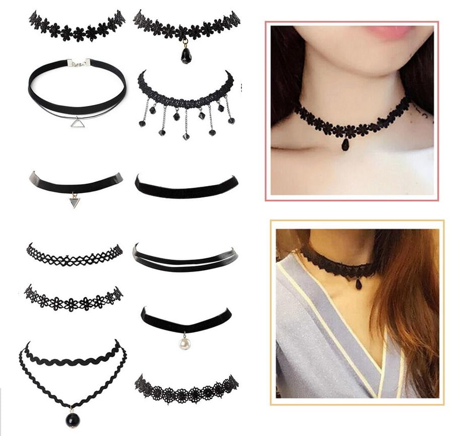 INSEET 4 Pcs/Set Clavicle Chain Lace Necklace Choker Collar for Women Girls,Red Wine