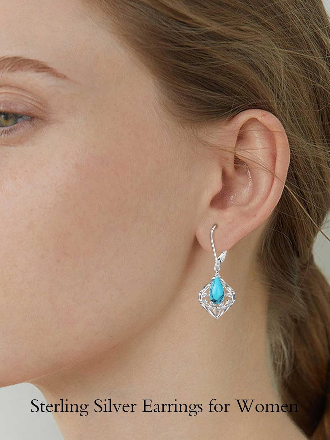 JKR Moss Agate Filigree Teardrop Earrings 925 Sterling Silver Gemstone Leverback Earrings Jewelry Birthday Valentines Mothers Day Gifts for Women