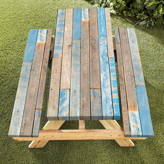 3-Piece Retro Table Cover with Bench Covers,Rustic Style Elastic Edge Waterproof Camping Tablecloth (Wood Grain,30"x72")