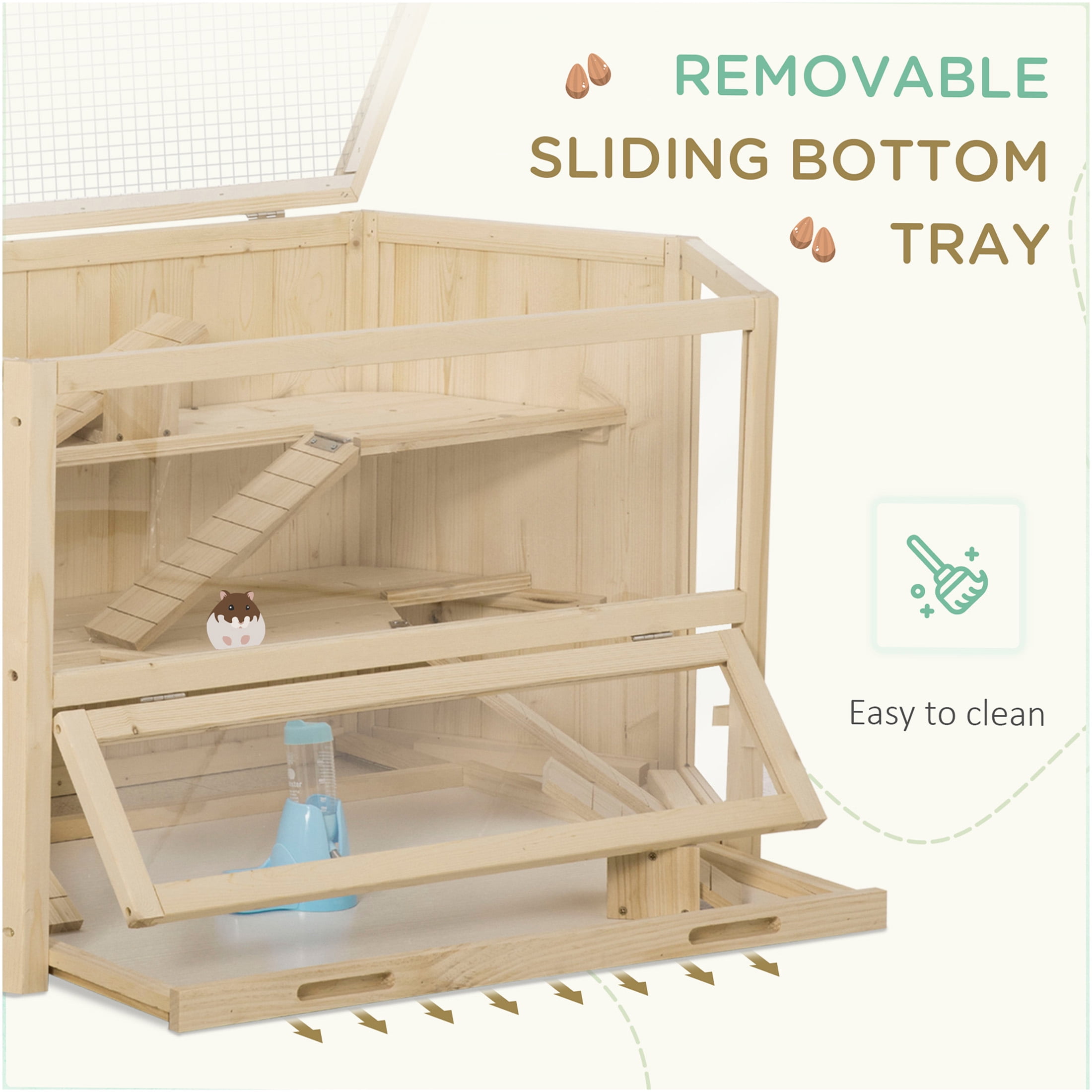 JERFIT 3-Tier Wooden Hamster Cage with Accessories, Large Natural Wood Small Animal Habitat Playpen with Detachable Tray, Ladders, Seesaws, Water Bottle for Hamsters, Gerbils, Mice