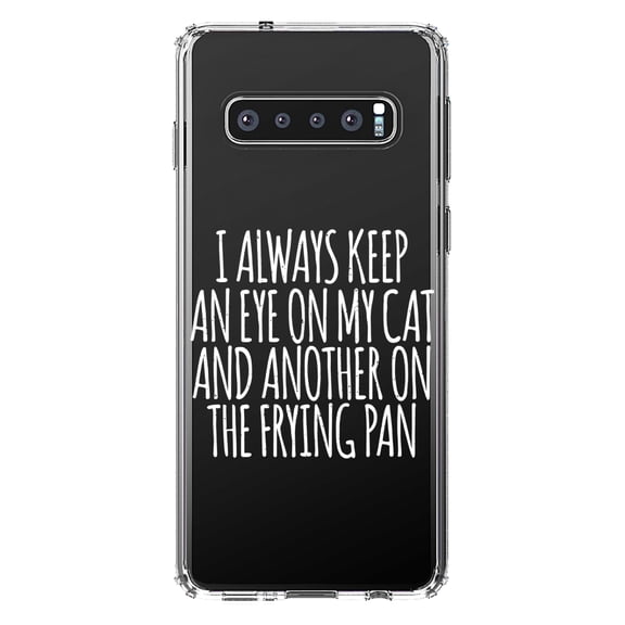 DistinctInk Clear Shockproof Hybrid Case for Samsung Galaxy S10 (6.1" Screen) - TPU Bumper Acrylic Back Tempered Glass Screen Protector - Always Keep Eye on Cat and on Frying Pan
