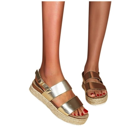 

Aayomet Beach Sandals for Women Woven Toe Buckle Summer Casual Sandals Straw Round Fashion Platform Women s sandals Gold 8.5