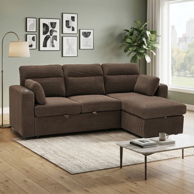 82.5" L-Shaped Convertible Sleeper Sofa, Pull-Out Sectional Sofa Bed with Storage Chaise, Cup Holders & 2 Lumbar Pillows, Modern Sofa Couch for Living Room, Apartment
