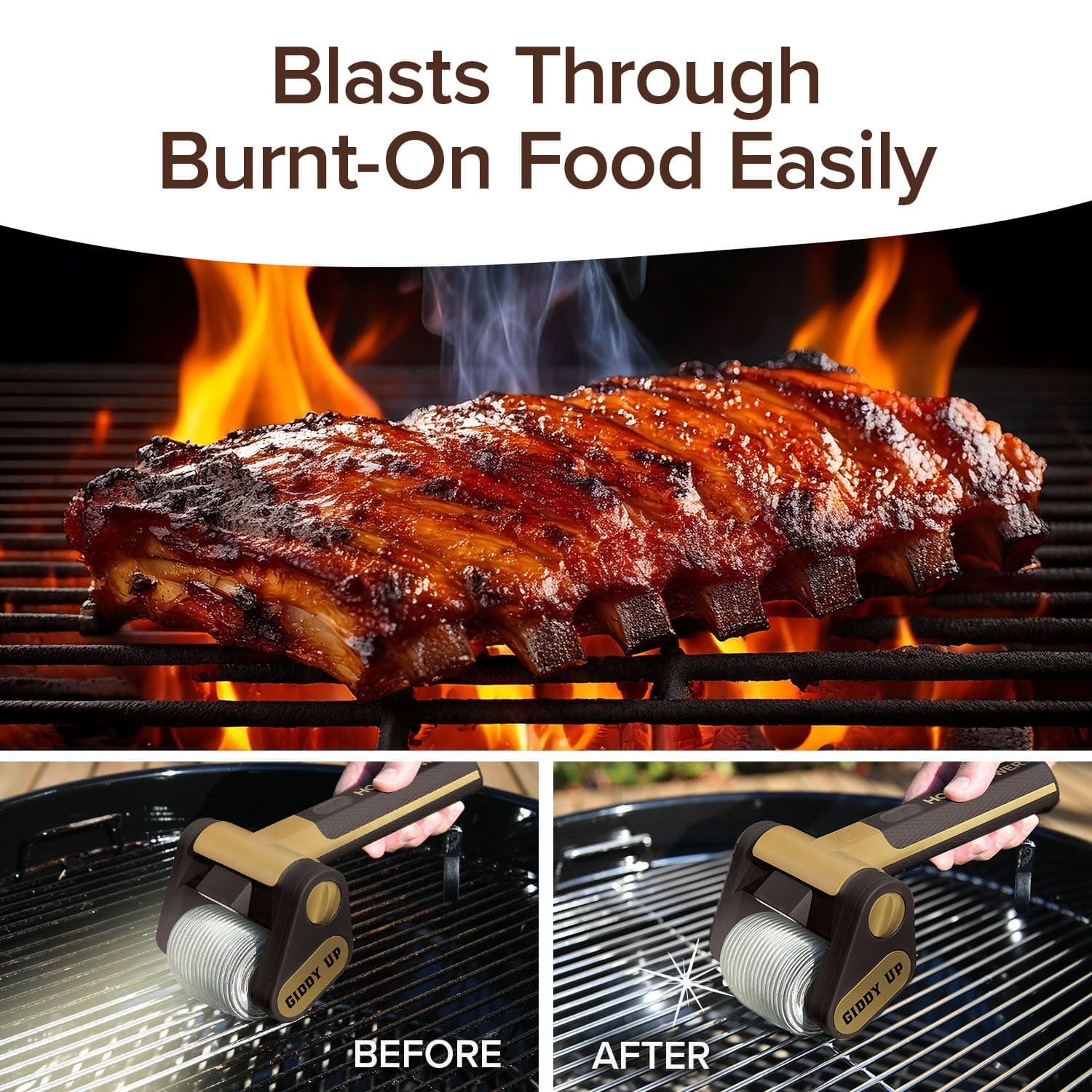 Horsepower Giddy Up GOLD Bristle-Free Spinning Grill Brush w/LED & Longer Run Time, Cordless/Rechargeable, 304 Stainless Steel Power Roller Blasts Away Burnt-On Food, No Bristles No Preheating 350 RP