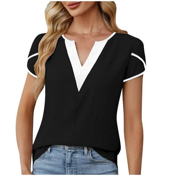 Charella Women's Dressy Casual Blouses Trendy V Neck Color Block Ruffle Short Sleeve Tops Business Loose Fit Tunic Shirts (XL, Black)