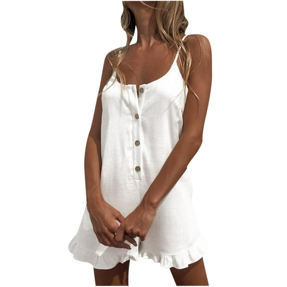 Edvintorg Women's Solid Wide Leg Rompers Spaghetti Strap Button Ruffle Short Jumpsuits Summer Sleeveless Casual Short Jumpsuit Rompers With Pockets On Clearance