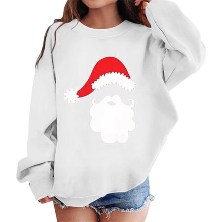 Bainana Christmas Girls Sweatshirt Child Cartoon Print Long Sleeve Crew Neck Tops Leisure Lightweight Autumn Winter Kids Daily Wear White Size 6-7 Years