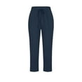 thumbnail image 6 of Bloomae Women's Petite Linen Capris Capri Pants with Pockets Lightweight Trendy Solid Color Casual Drawstring Elastic High Waist Straight Leg Cropped Trousers Navy M, 6 of 6