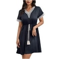 thumbnail image 2 of JMKQLZ Mode Femmes Robe en Dentelle à Manches Courtes Col en V Couleur Unie Taille Élastique, 2 of 6