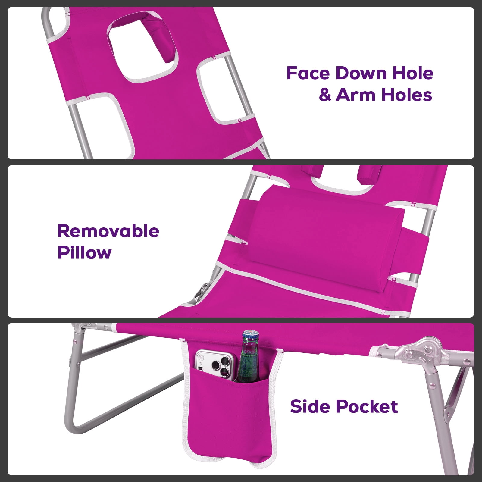 SUNSPIRE Folding Beach Lounge Chair with Face Hole Canopy Pillow Side Pocket, Portable Reclining Tanning Sun Lounger for Beach Pool Patio Pink