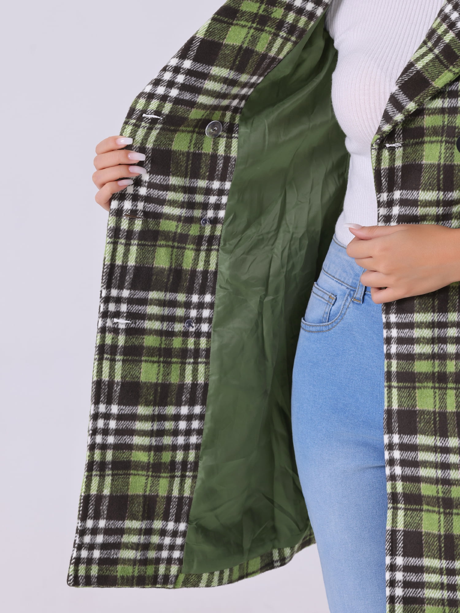 DARING DIVA Women's Plaids Double Breasted Notched Lapel Trench Coat Light Green L
