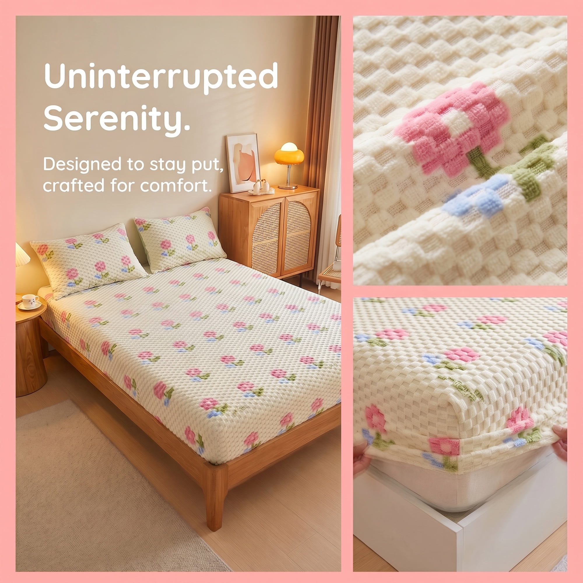 Unique Bargains Fitted Sheet Polyester Anti Wrinkle Soft Bedding 78.0"x79.9" Pink/Yellow