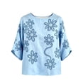 thumbnail image 5 of Womens Summer Tops 100% Cotton Fashion Casual Embroidery Round Neck 3/4 Sleeve Spring Blouse Tops, 5 of 5