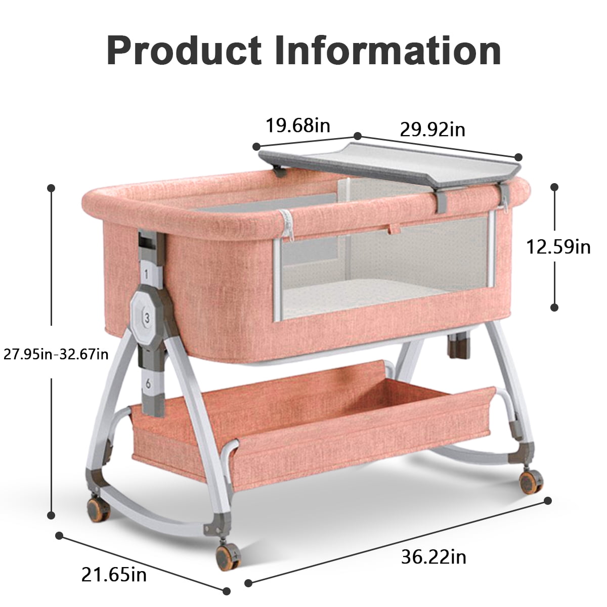 BEJOLO 5-in-1Baby Bassinet, Infant Bedside Crib with Changing Diaper Table, 6 Gear Adjustable Height, for 0-24 Months, Pink