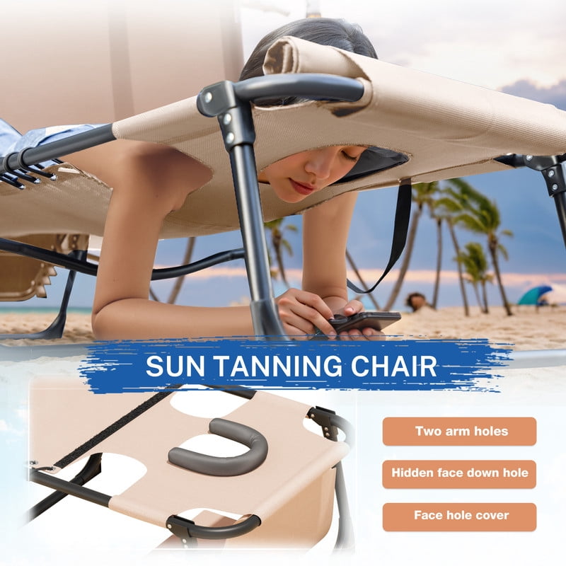 Vineego Folding Chaise Lounge Chair with Face Hole for Tanning, 5-Position Adjustable Textilene Outdoor Sunbathing Chair, Face Down Patio Pool Lounge Chair with Side Pocket & Pillow, Beige