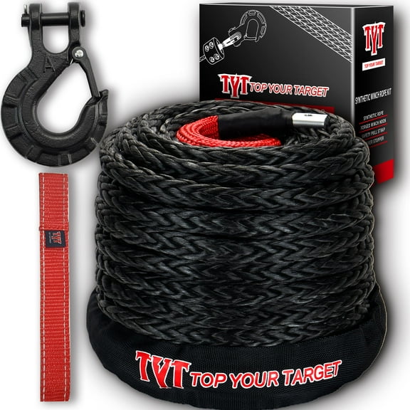 TYT Synthetic Winch Rope Kit - 1/2" x 92' with 32000 lbs Strength, Protective Sleeve, Heavy Duty Hook and Safety Pull Strap for Off-Road 4x4 Vehicles, Trucks (Black)