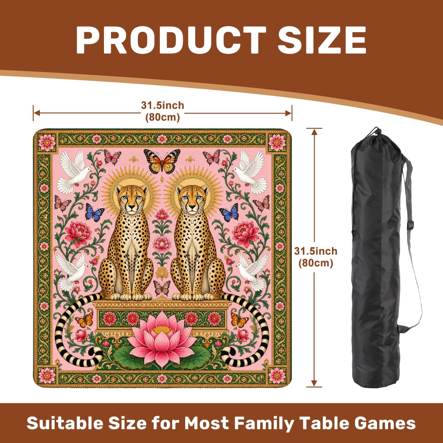 Mahjong Mat 31.5" x 31.5" Twin Leopards Golden Sunburst Floral Elements Pink Pastel Design Non-Slip Noise Reduction Chic Portable Gaming Table Cover for Family Game Night & Gift