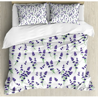 Botanical Duvet Cover Set Queen Size, Romantic Watercolor Violet Lavender Bouquet on a Plain Backdrop, Decorative 3 Piece Bedding Set with 2 Pillow Shams, Indigo Olive Green and White, by Ambesonne