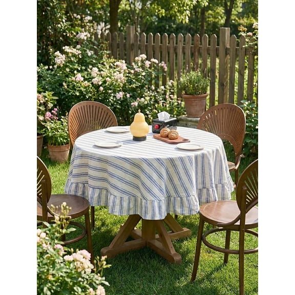 Blue Striped Ruffle Tablecloth, Farmhouse Style, Round, 1pc