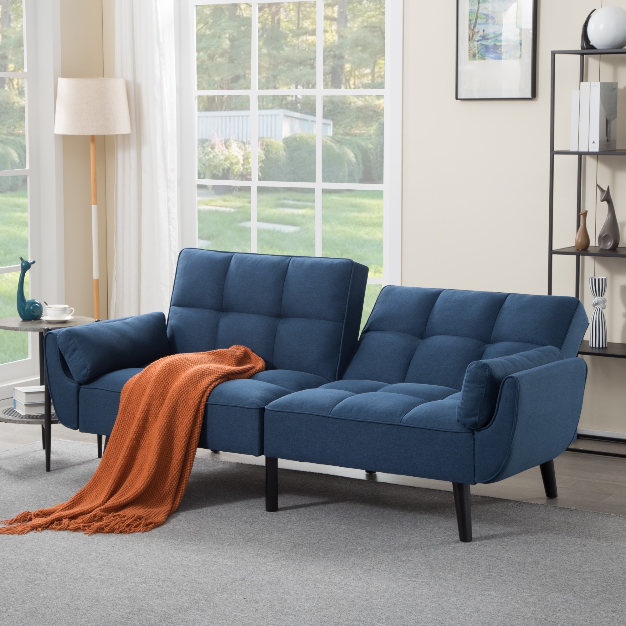 BSHTI 75.2" Linen Convertible Futon Sofa Bed with Split Back & 3-Position Adjustment, Tufted Design, Flared Arms, for Living Room & Guest Room(Dark Blue)