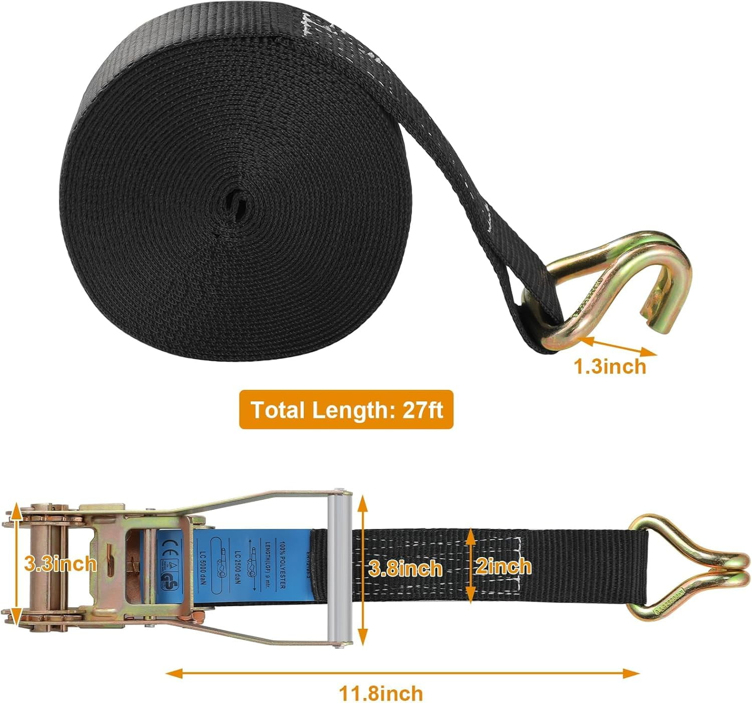 TLGREEN 4 pack 2 in x 27 ft Double J Hook Ratchet Straps (11,000 lbs Break Strength), Heavy Duty, for Trucks(Black)