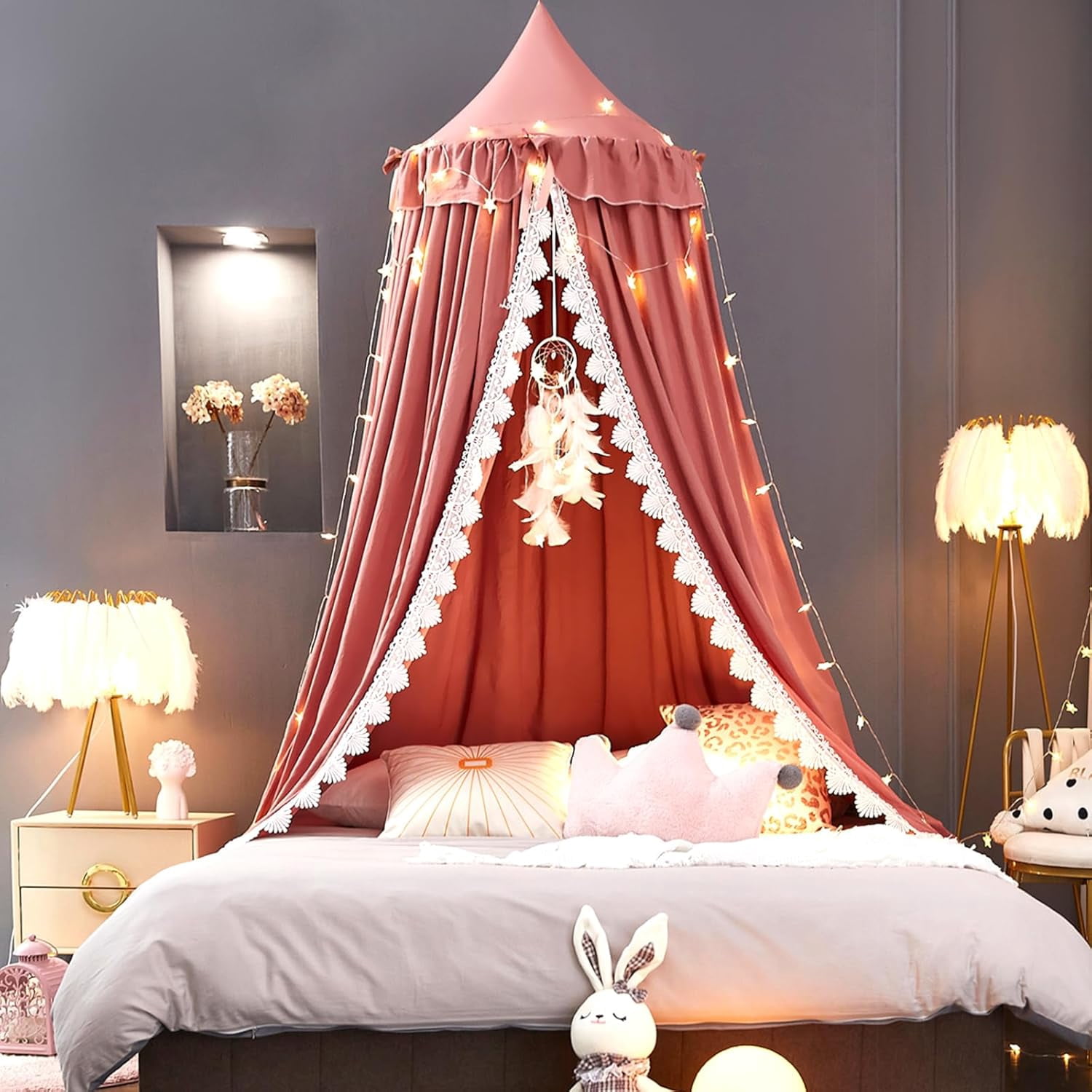 Bed Canopy for Girls, Ruffled Soft Pink Princess Canopy Dreamy Bow Decor, Bed Canopies for Kids Room, Hanging Canopy Bedding Drapes Toddler Reading Nook Play Tent (Red Bean)