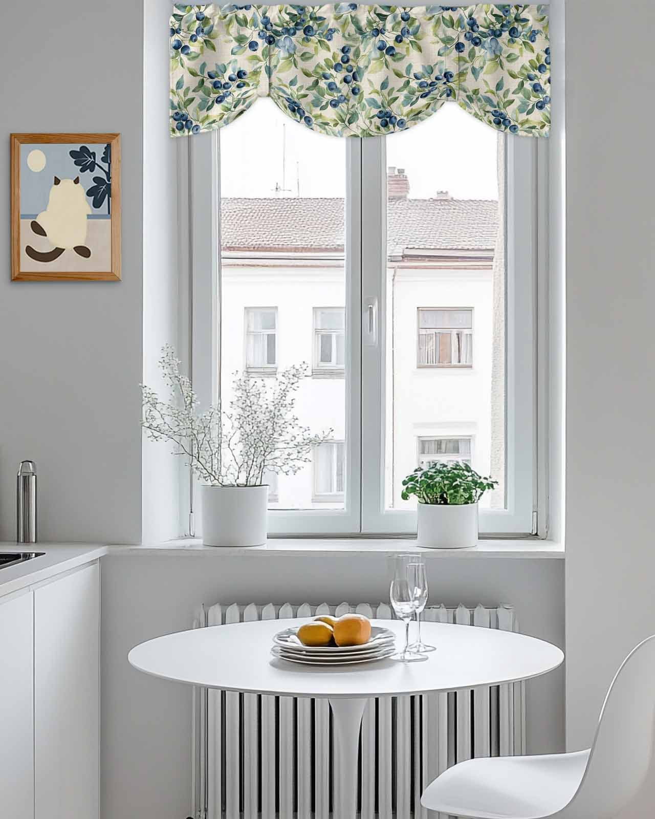 Blue Blueberry Tie Up Valances Curtain, Adjustable Kitchen Green Leaf Pastoral Plant Vintage Linen Valances for Windows Decor, Rod Pocket Short Curtains Set for Bedroom/Bathroom, 54"x18"