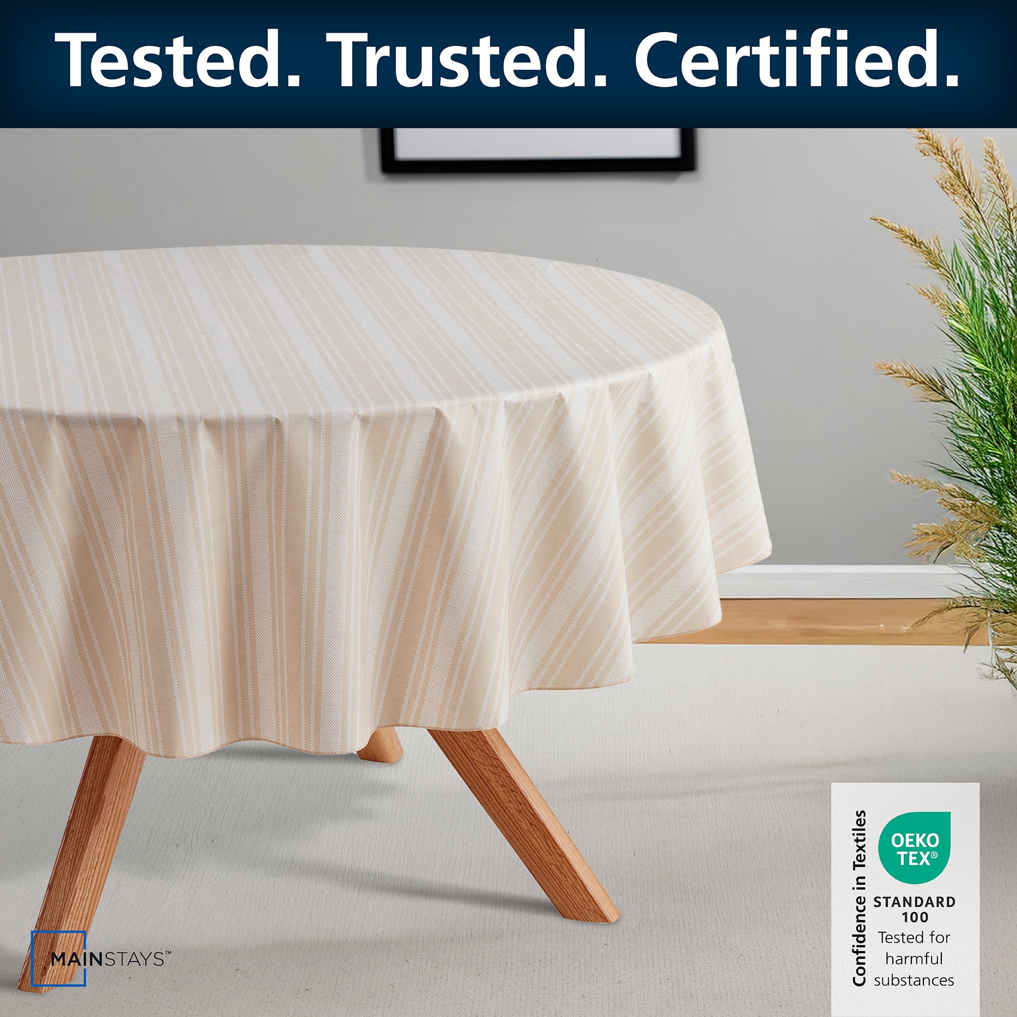 (2 pack) Mainstays Striped Beige PEVA Tablecloth 70" Round