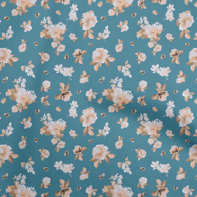 oneOone Tissu Popeline de Coton Bleu Sarcelle à Fleurs Tissu pour Robe Tissu Imprimé au Mètre 56 Pouces de Large