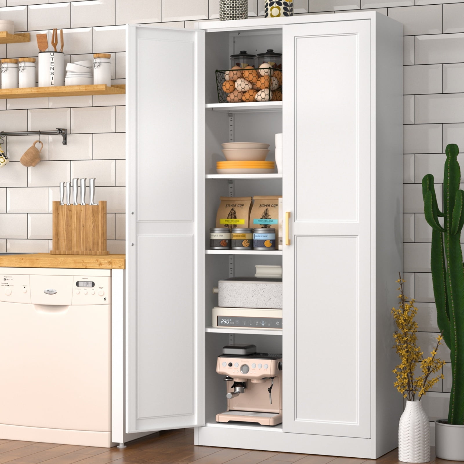 Polup 71" Height Metal White Storage Cabinet, Modern Tall Steel Pantry Cupboard with 2 Doors and Adjustable Shelves for Kitchen Garage and Home