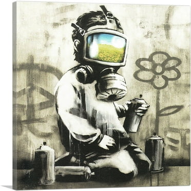 ARTCANVAS Sunflower Field Gas Mask Girl Canvas Art Print by Banksy - Size: 18" x 18" (0.75" Deep)