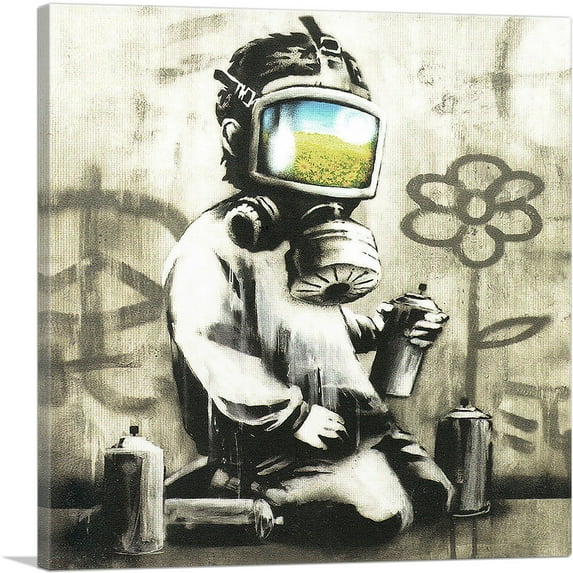 ARTCANVAS Sunflower Field Gas Mask Girl Canvas Art Print by Banksy - Size: 12" x 12" (1.50" Deep)