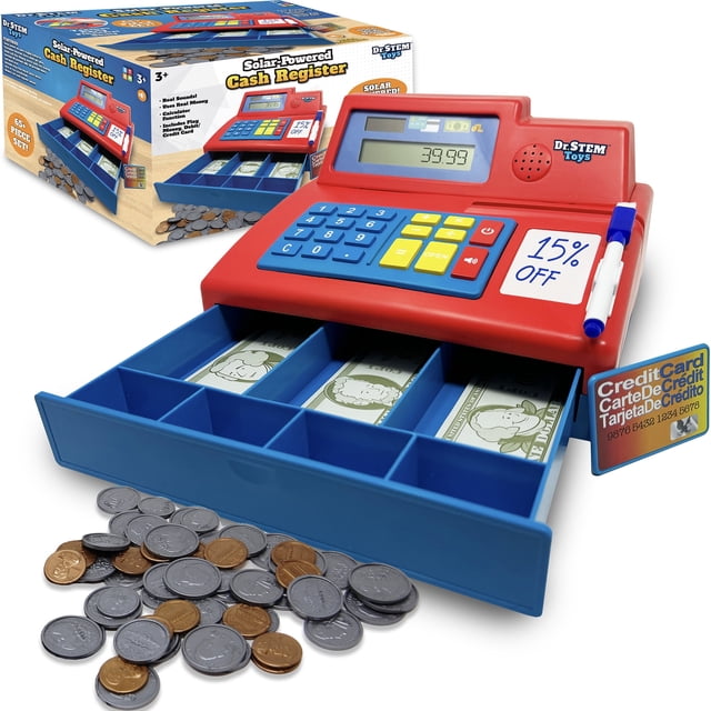 Dr. STEM: Solar-Powered Cash Register - Red - 68pc Store & Shopping Roleplay Toy, Working Math Calculator, Sounds, Play Money & Debit Card, Kids 3+