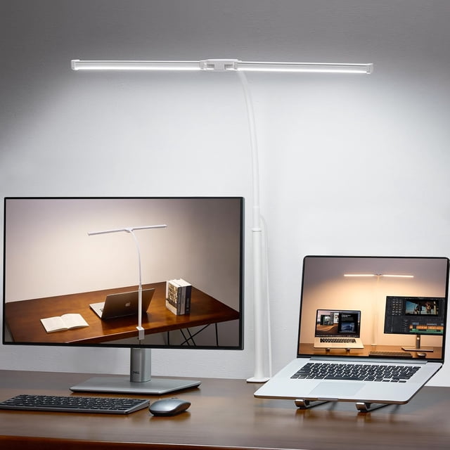 LED Desk Lamp for Home Office, Double Head Architect Light with Clamp, Computer Monitor Clip on Light, 3 Modes and 10 Brightness, Adjustable Flexible Goose-Neck, Table Task Lamp, Black
