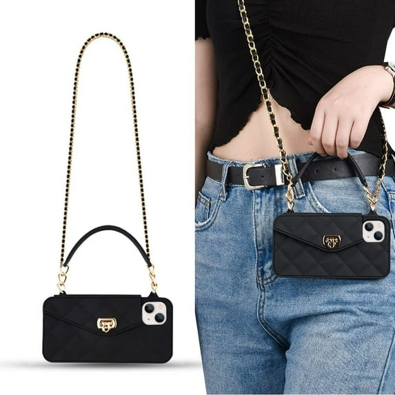 For iPhone 14 Pro Wallet Case ,Crossbody Phone Case with Lanyard Strap Cute Purse Case Flip Credit Card Holder Soft Silicone Girls Lady Handbag Case for iPhone 14 Pro Black