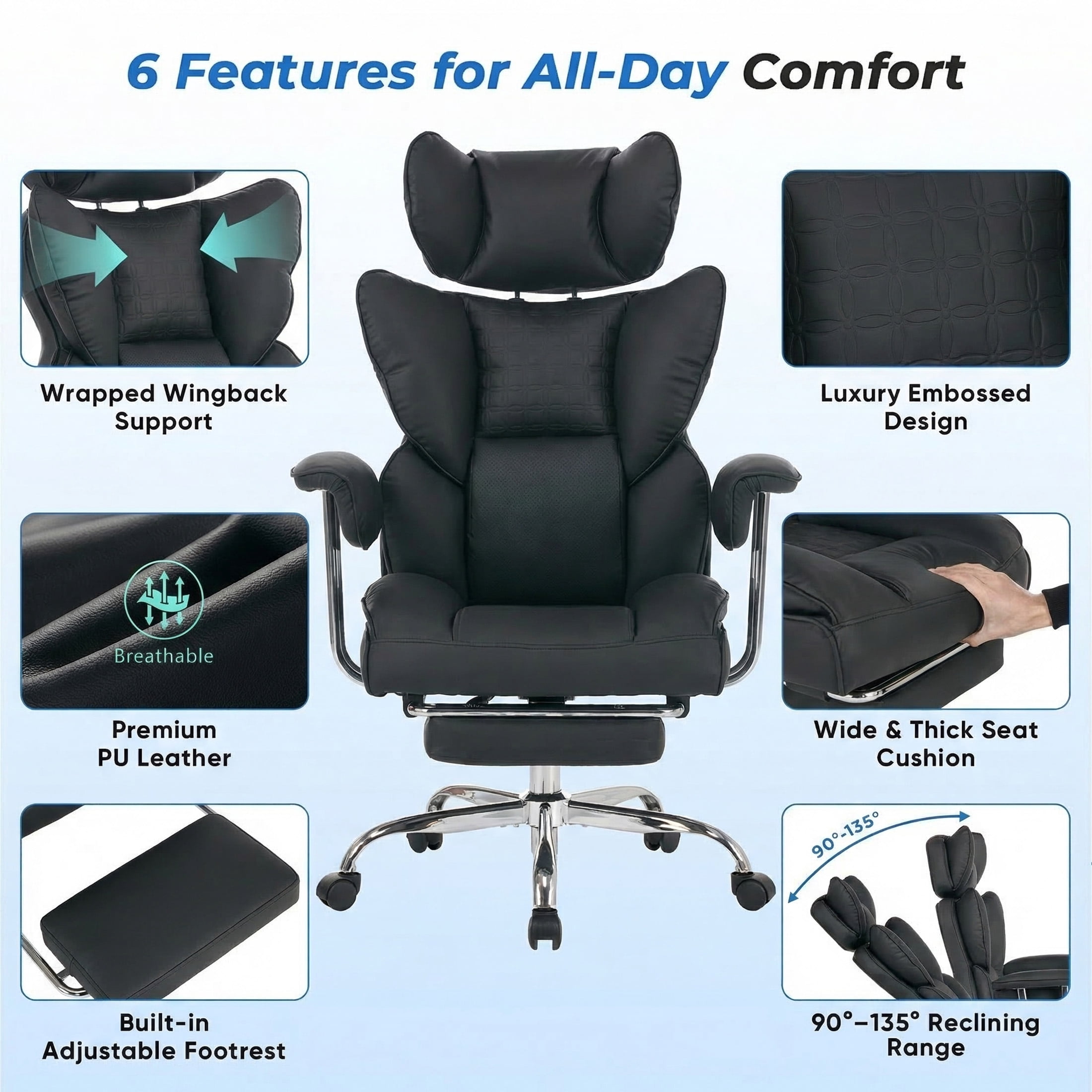 EDX Big and Tall Office Chair, Ergonomic PU Leather Executive Computer Chair with Footrest, Pocket Spring Support, 350 LBS Capacity, For Home Office, Black